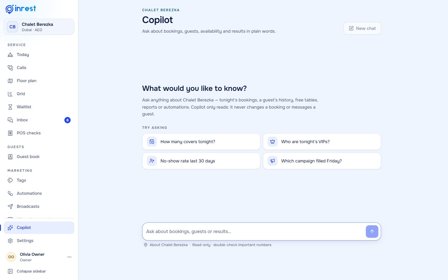 Copilot screen with suggested questions about tonight's bookings