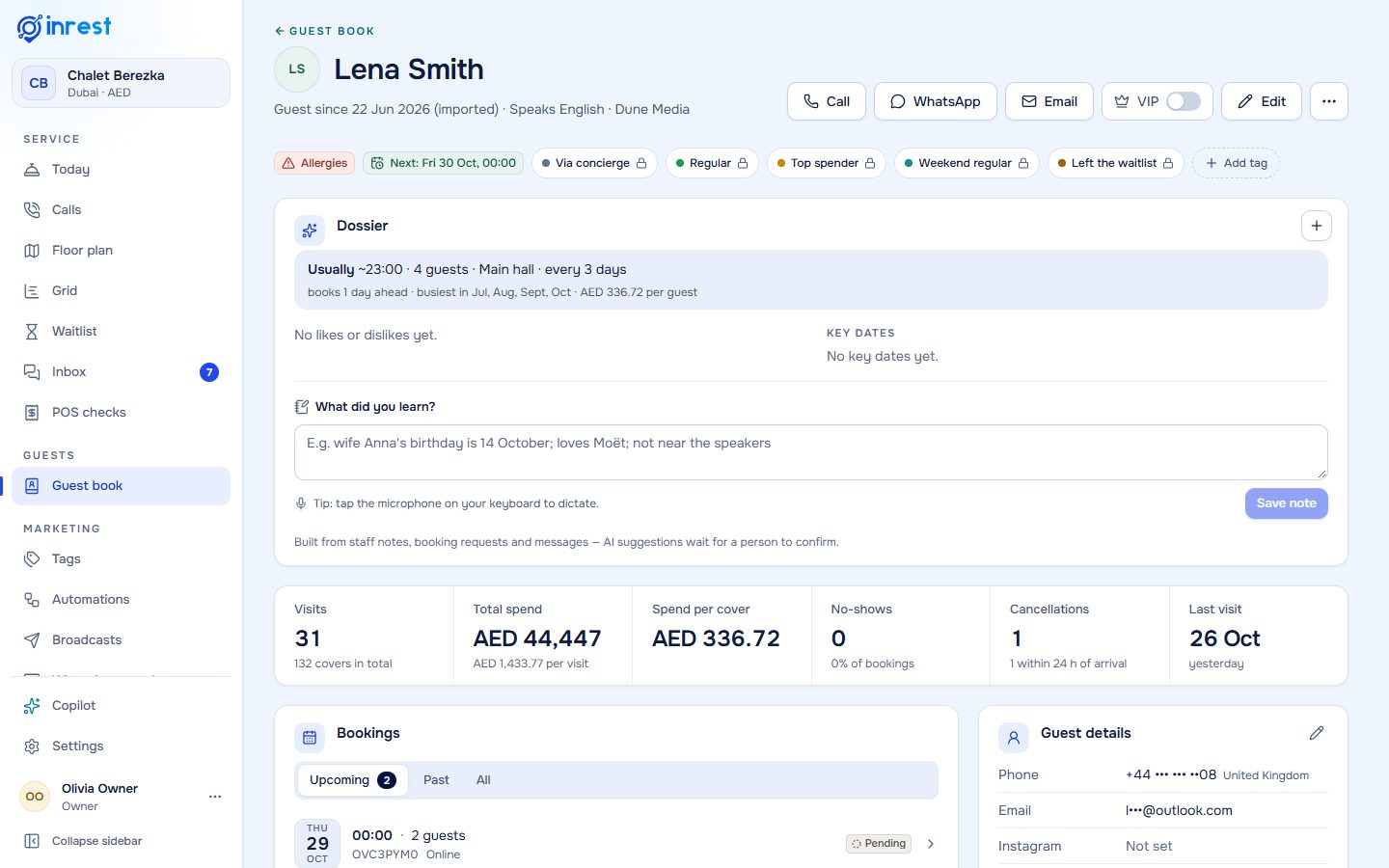 Guest profile with visits, spend, tags and booking history