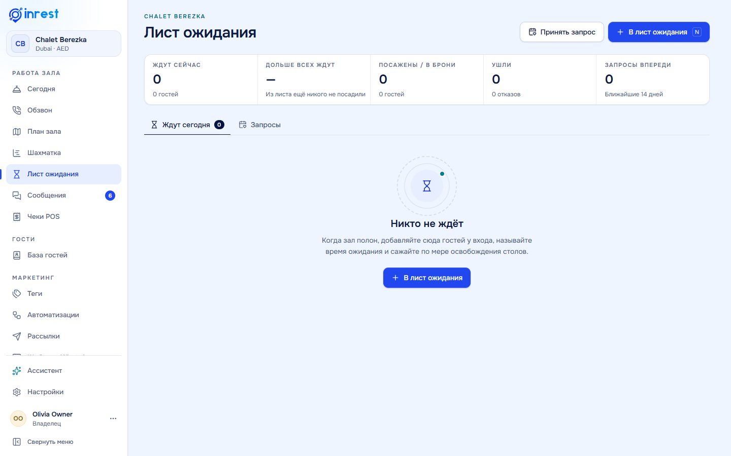Лист ожидания с гостями без брони и временем ожидания